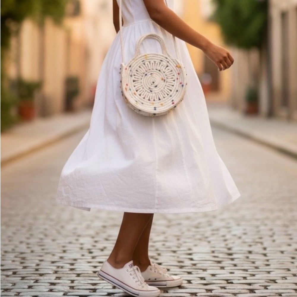 Cream Crossbody Bag Macrame Bag with Colorful Polka Dots - Picture 3 of 8
